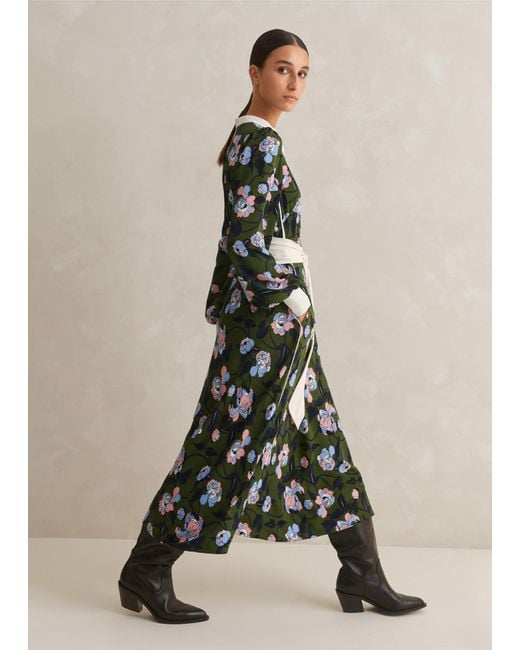 ME+EM Green Rose Print Panelled Midi Dress