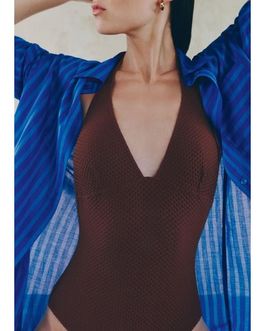 ME+EM Blue Compact Texture Halterneck Swimsuit
