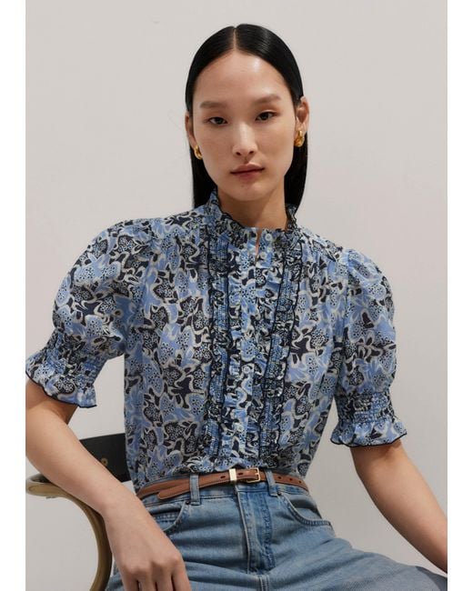 ME+EM Blue Silk Cotton Floral Print Blouse