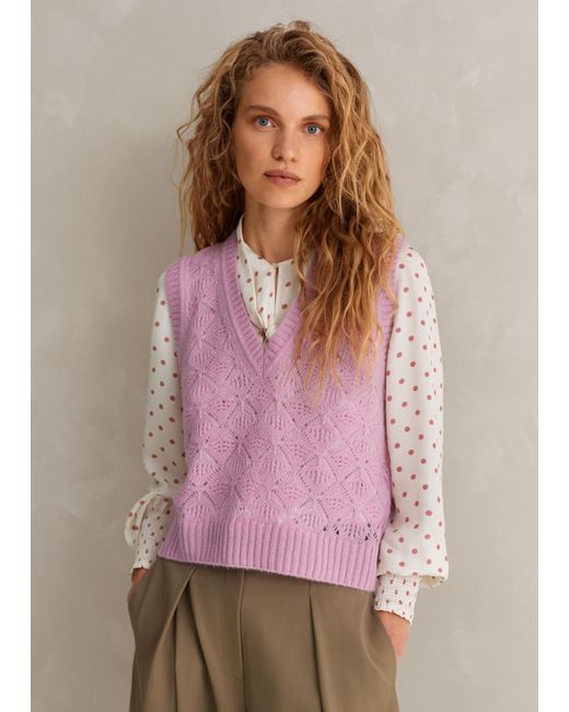 ME+EM Pink Merino Cashmere Silk Lace Stitch V Neck Sweater