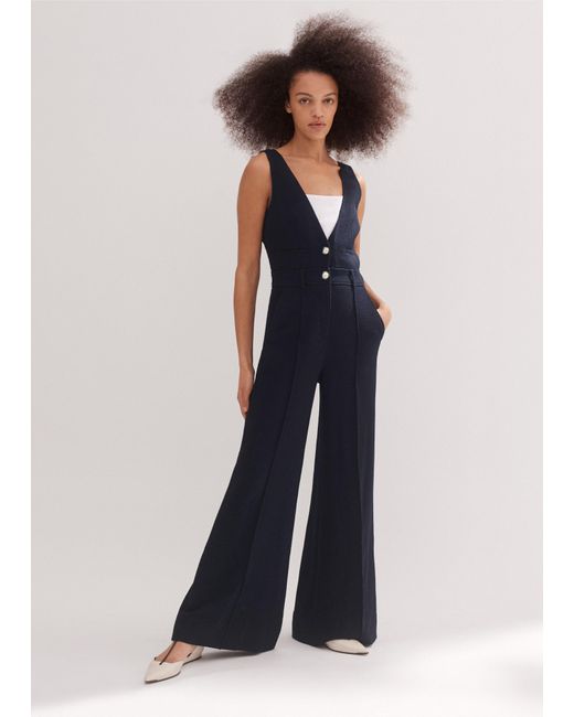ME+EM Blue Textured Low V Wide-Leg Jumpsuit