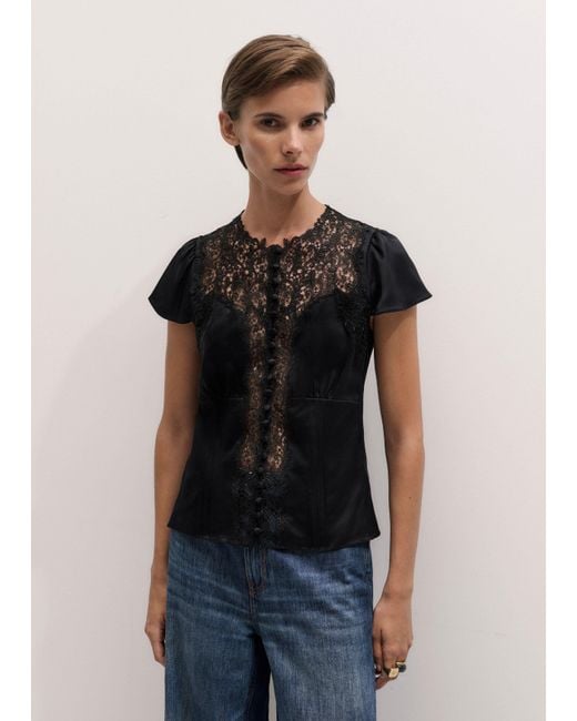 ME+EM Black Silk Satin And Lace Cap Sleeve Top