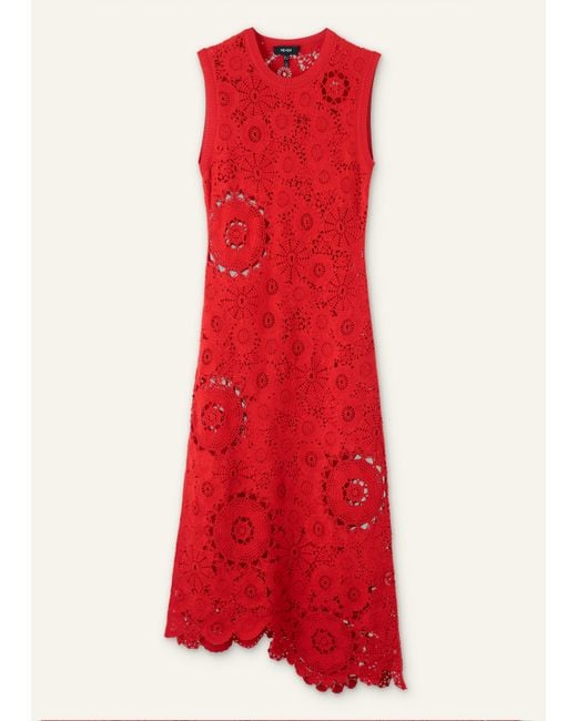 ME+EM Red Asymmetric Cotton Crochet Maxi Dress + Slip