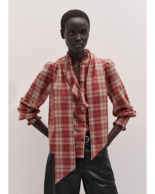 ME+EM Red Cotton Voile Check Long Sleeve Blouse + Tie