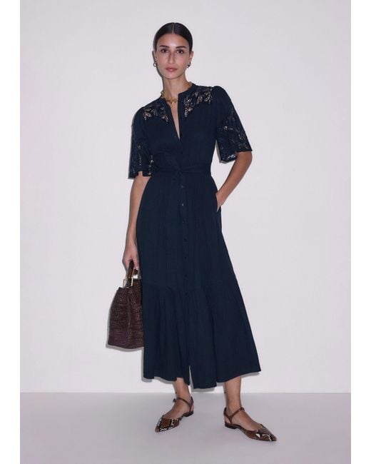 ME+EM Blue Cheesecloth Embroidered Maxi Dress + Belt