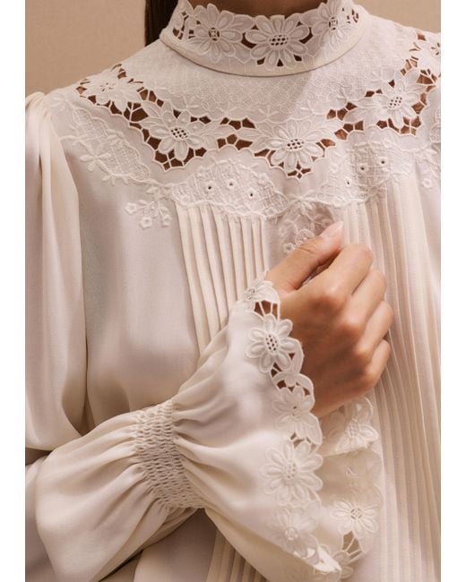 ME+EM Natural Silk Ornate Embroidered High-Neck Top