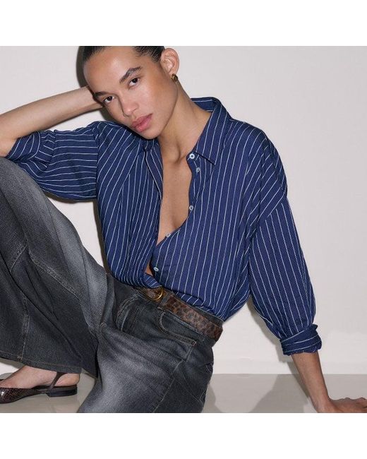 ME+EM Blue Boxy Three Quarter Sleeve Striped Shirt
