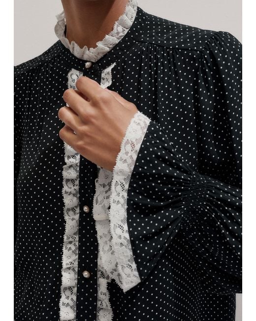 ME+EM Black Micro Polka Dot And Lace Blouse/Light Cream