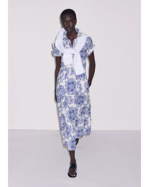 ME+EM Blue Cheesecloth Fit & Flare In-Full-Bloom Print Midi Dress Soft