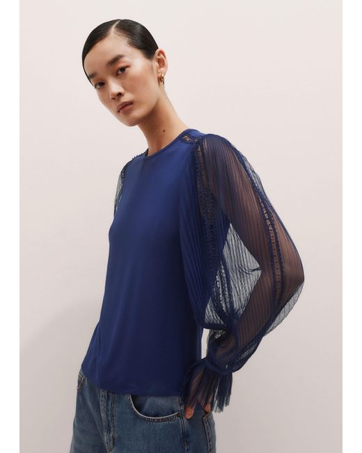 ME+EM Blue Lace Insert Tulle Layering Blouse