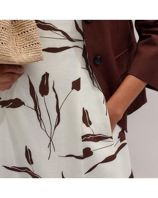 ME+EM White Crease-Less Linen Modern Tulips Print Maxi Dress Light Cream