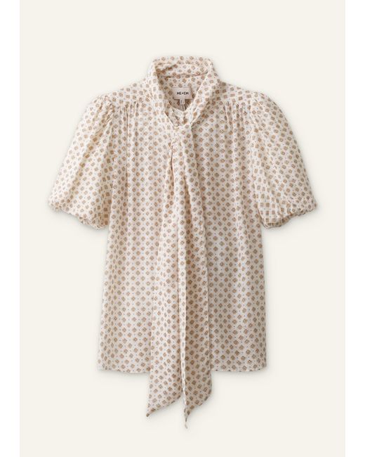 ME+EM Gray Silk Cotton Foulard Print Short Sleeve Blouse + Tie
