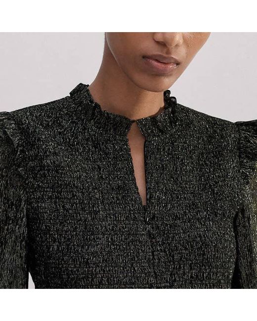 ME+EM Black Metallic Crinkle Smocked Blouse
