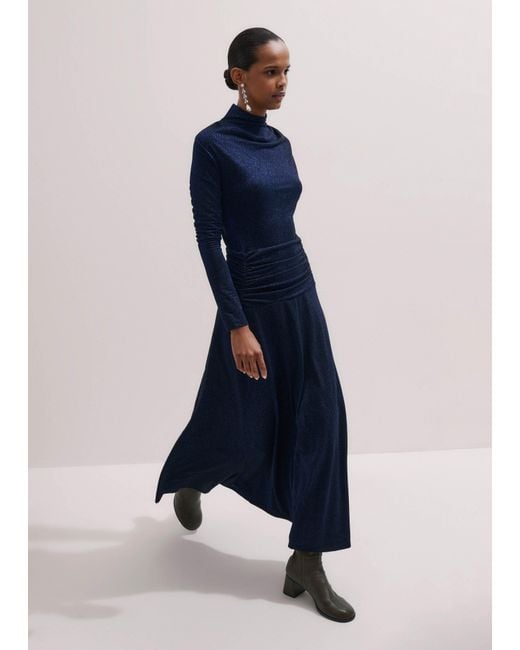 ME+EM Blue Metallic Draped Cowl Neck Maxi Dress