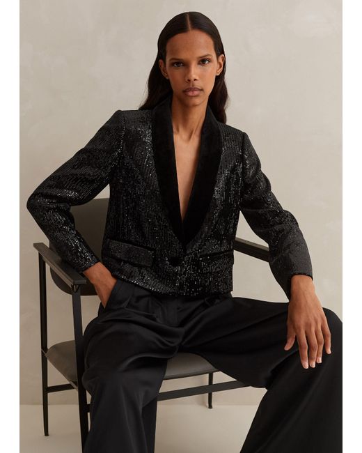 ME+EM Black Silk-blend Velvet Sequin Crop Tux Blazer