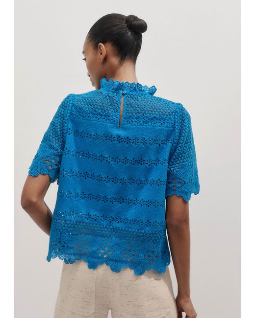 ME+EM Blue Crochet Lace Cotton T-Shirt