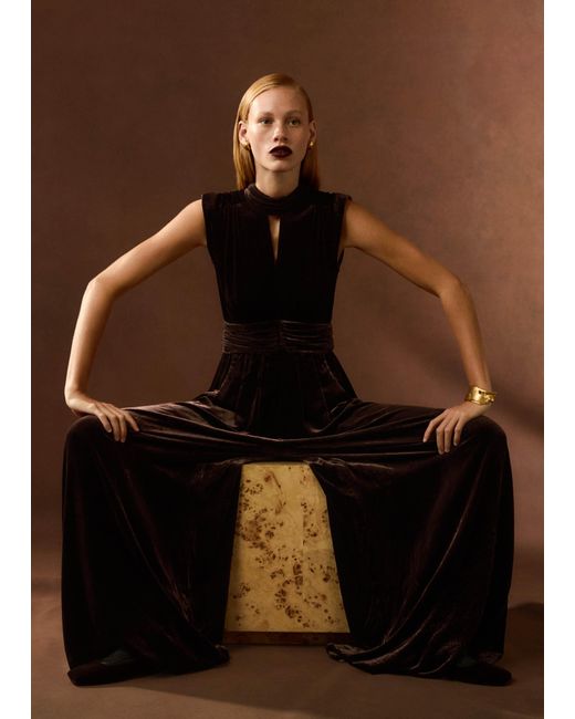ME+EM Brown Silk-Blend Velvet Wide-Leg Jumpsuit