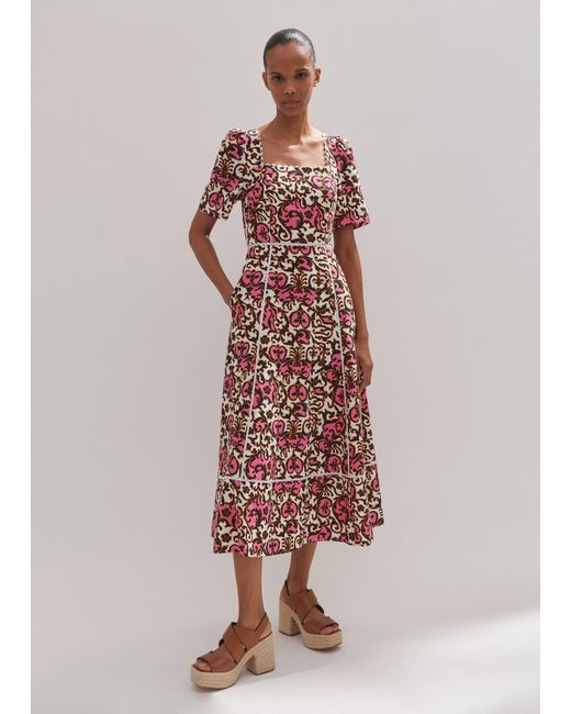 ME+EM Pink Linen-blend Baroque Print Midi Dress
