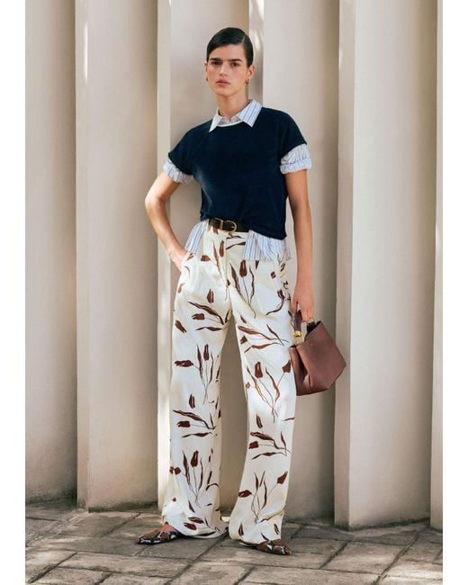 ME+EM White Crease-Less Linen Modern Tulips Print Wide Leg Trouser Light Cream