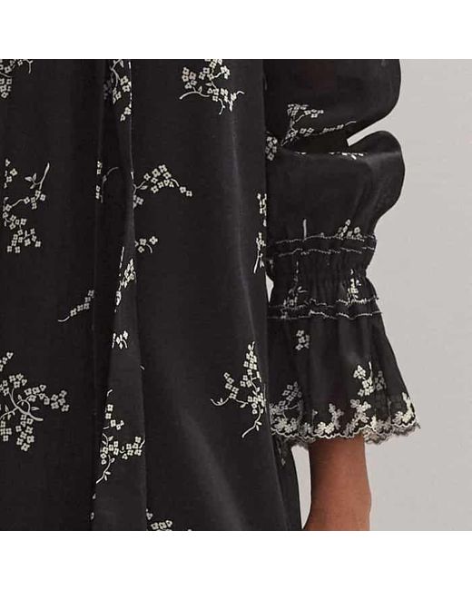 ME+EM Black Silk Organza Cherry Blossom Print Maxi Dress/Light Cream