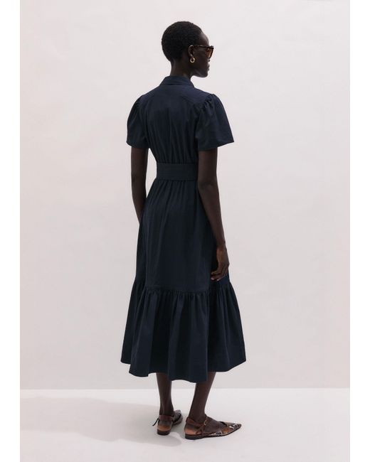 ME+EM Blue Fit And Flare Cotton Seersucker Midi Dress + Belt