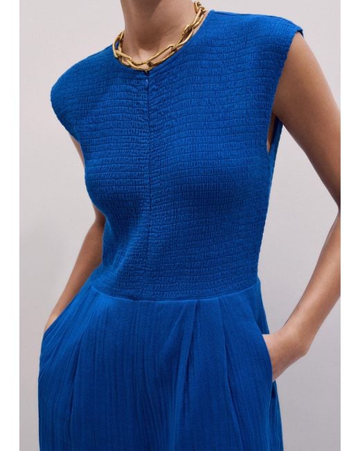 ME+EM Blue Cheesecloth Smocked Bodice Wide Leg Jumpsuit + Belt