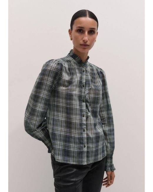 ME+EM Gray Cotton Voile Check Long Sleeve Blouse + Tie