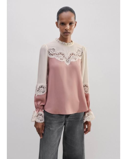 ME+EM Multicolor Silk Color Block Lace Trim Blouse