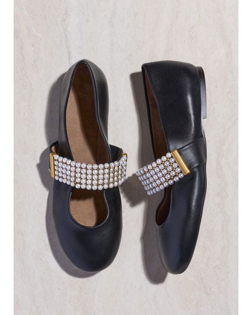 ME+EM Black Pearl Trim Round Toe Ballerina