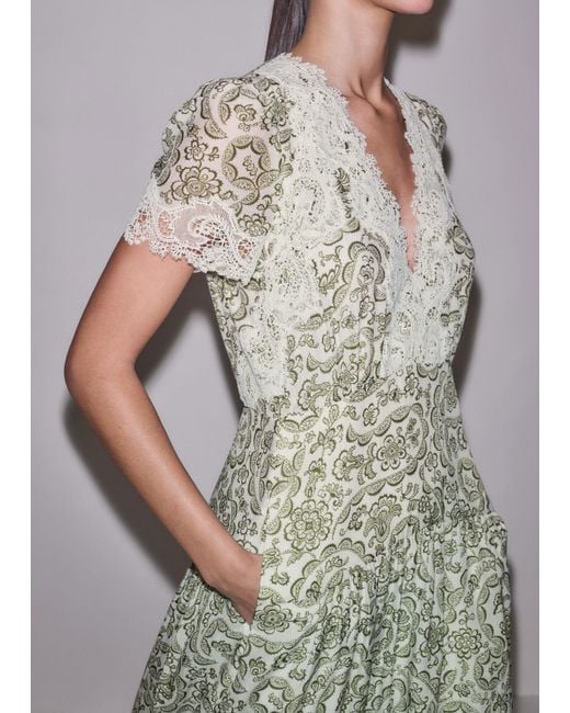 ME+EM Multicolor Silk Cotton Entangled Lace Print Maxi V Neck Dress-Light Cream