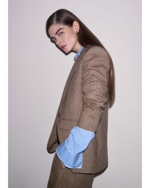 ME+EM Brown Pinstripe Sharp Shoulder Blazer Mocha