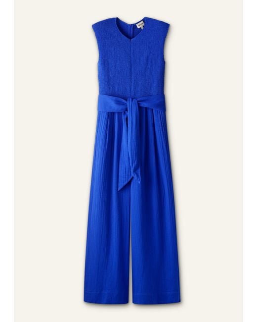 ME+EM Blue Cheesecloth Smocked Bodice Wide Leg Jumpsuit + Belt