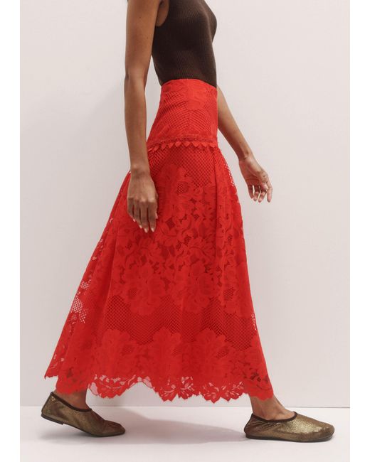ME+EM Red Graphic Floral Lace Maxi Skirt