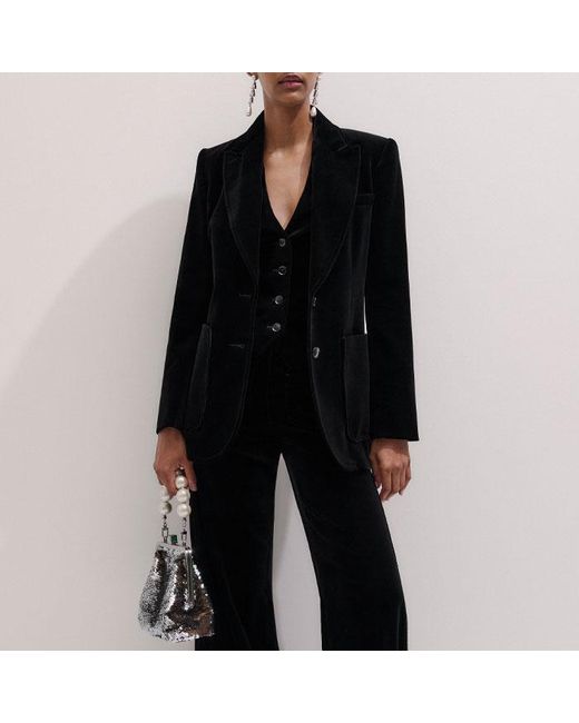 ME+EM Black Stretch Velvet Sharp Shoulder Contour Blazer