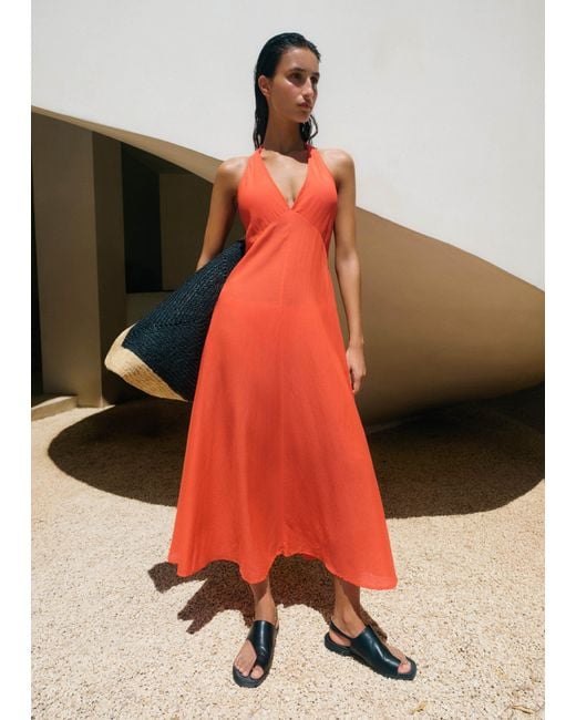 ME+EM Sheer Halterneck Maxi Slip Dress in Orange | Lyst