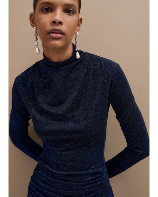 ME+EM Blue Metallic Draped Cowl Neck Maxi Dress