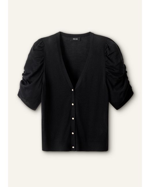 ME+EM Black Silk Button-through Pouf Sleeve Knit Top