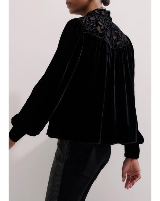 ME+EM Black Silk Blend Velvet Embroidered Top