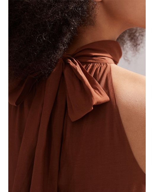 ME+EM Brown Cotton Voile Halterneck Full-length Dress
