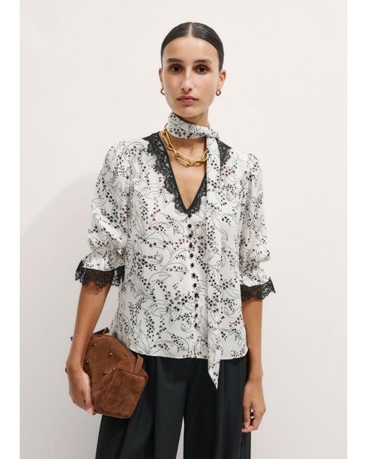 ME+EM Gray Silk Lily Of The Valley Print Blouse + Tie