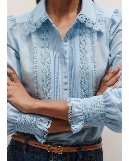 ME+EM Blue Silk Cotton Lace Trim Straight Blouse