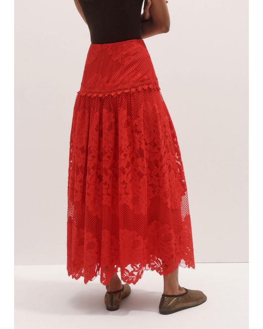 ME+EM Red Graphic Floral Lace Maxi Skirt