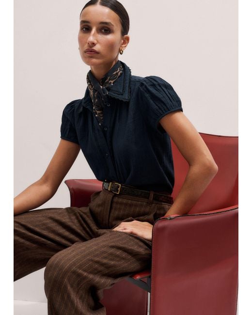 ME+EM Blue Cheesecloth Cap-Sleeve Blouse