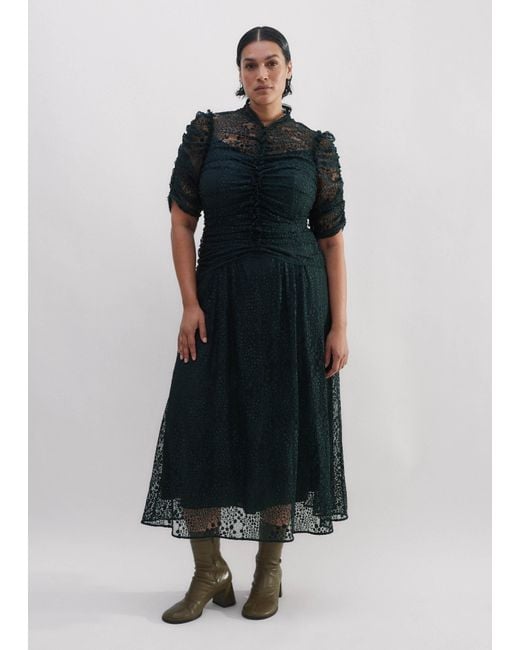 me and em lace dress ME+EM Winter Polka Dot Lace Trim Maxi Dress Cream Black - Women's - Fluid Crepe