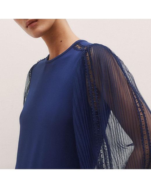 ME+EM Blue Lace Insert Tulle Layering Blouse