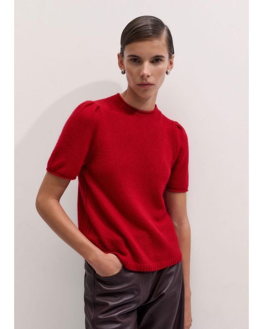 ME+EM Red Merino Cashmere Silk Pouf Sleeve Knit Tee