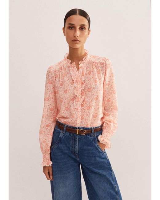 ME+EM Blue Silk Cotton Trailing Floral Print Blouse