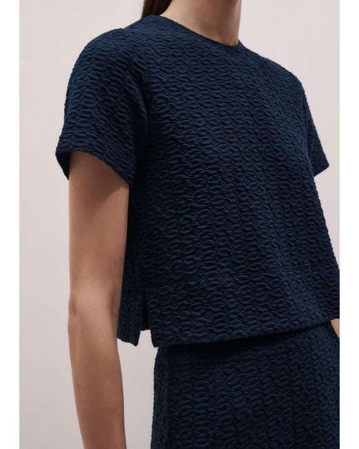 ME+EM Blue Curling Crosses Jacquard Short Sleeve Top