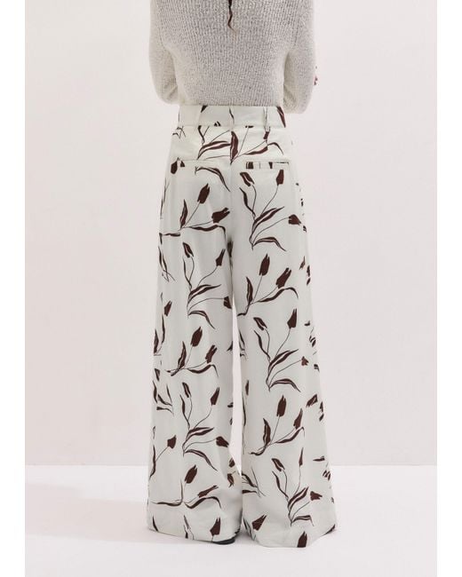 ME+EM White Crease-Less Linen Modern Tulips Print Wide Leg Trouser Light Cream