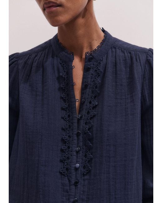 ME+EM Blue Cheesecloth Intricate Detail Blouse